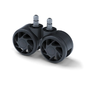 Gaming chair caster wheels side by side angle view